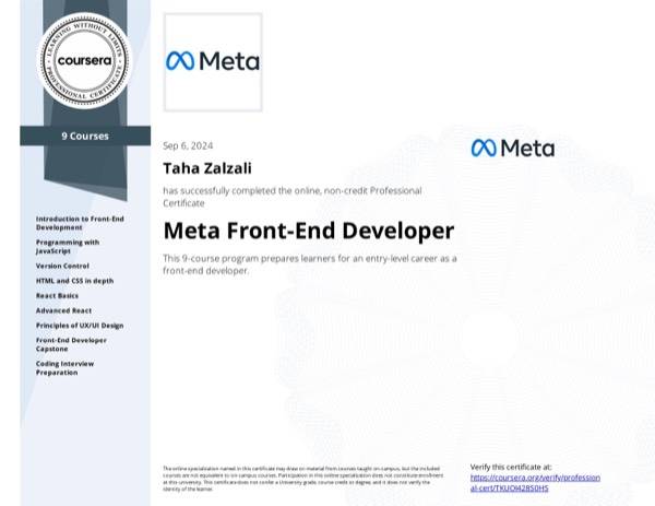 Certificate: Meta Frontend Developer Professional Certificate